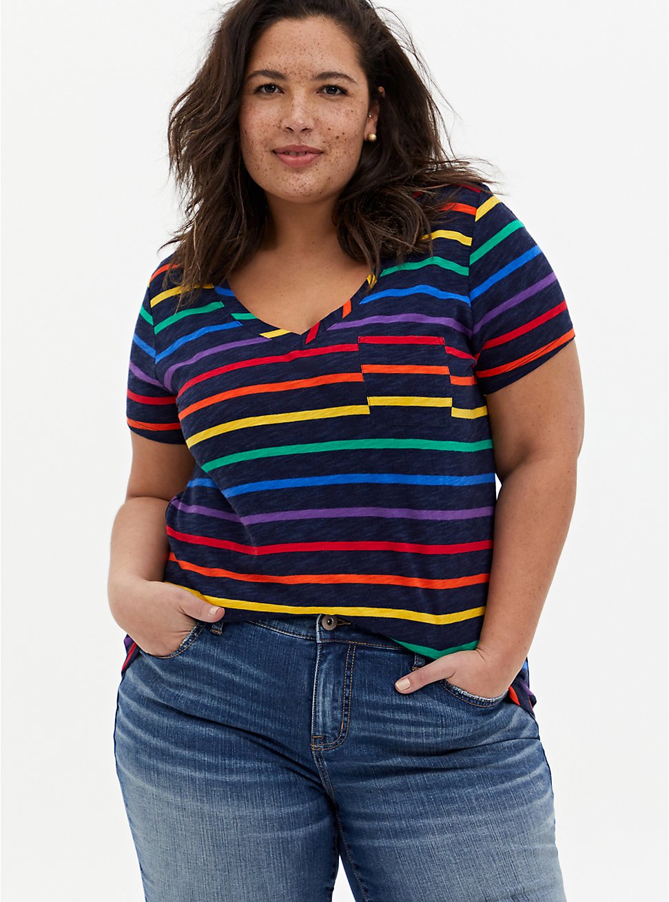 Women Loose Rainbow Striped Long Sleeve Crew Neck Tee Top Blouse Plus Size