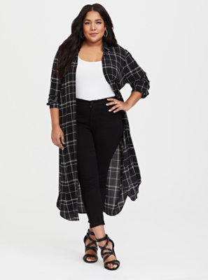 Plus Size - Black Plaid Crepe Trench Kimono - Torrid