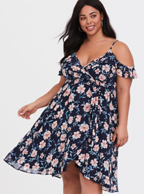 Plus Size - Navy Floral Cold Shoulder Chiffon Wrap Dress - Torrid