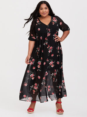Plus Size - Black Floral Chiffon Maxi Shirt Dress - Torrid