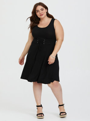 Plus Size - Black Lace-Up Ribbed Skater Dress - Torrid
