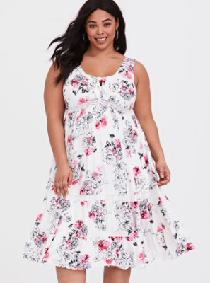 Plus Size Ivory Floral Challis Midi Dress, FRIDA FLORAL, hi-res