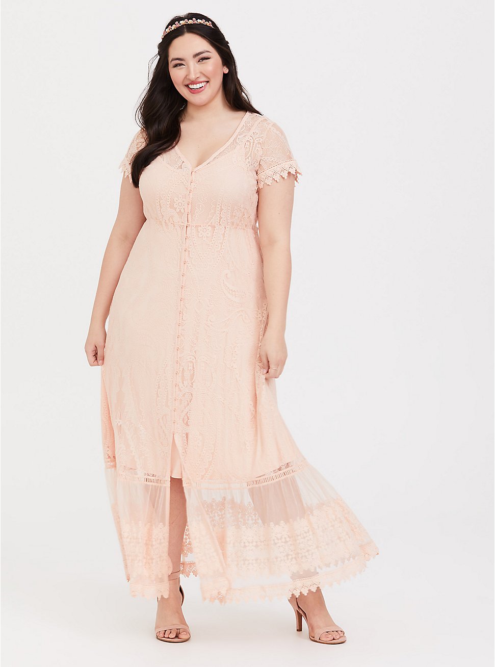 Peach Pink Lace Button Front Maxi Dress ...