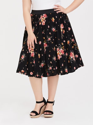 Plus Size - Black Floral Challis Skirt - Torrid