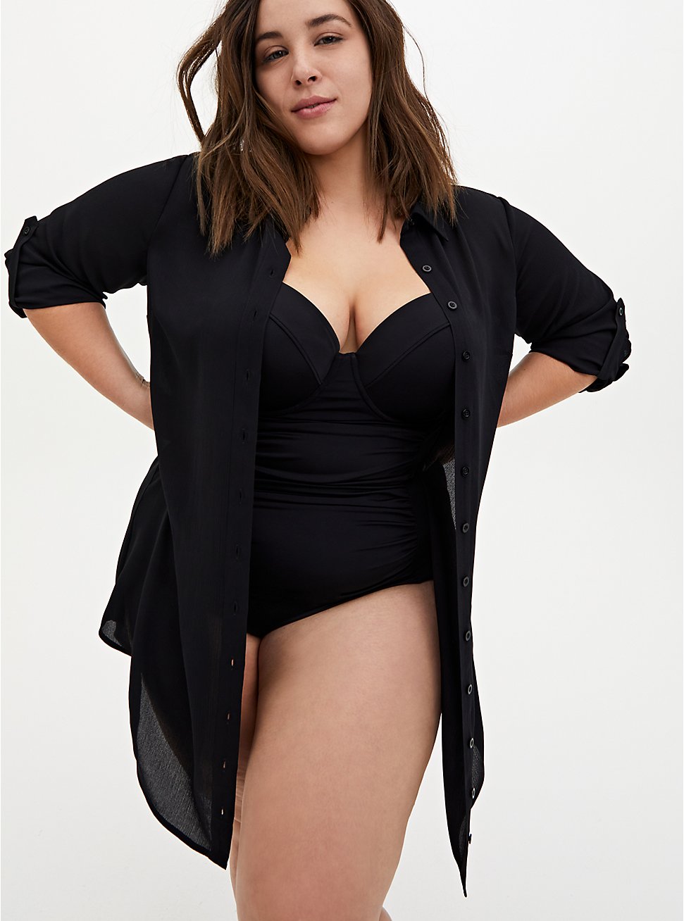 Shirt Dress Swim Cover Up - Crinkle Gauze Black, DEEP BLACK, hi-res