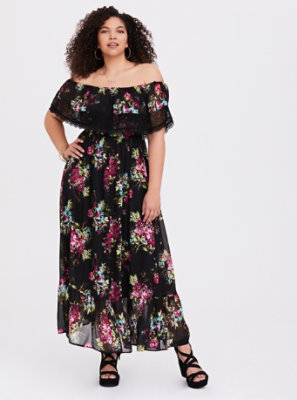 Plus Size - Black Floral Off the Shoulder Chiffon Maxi Dress - Torrid