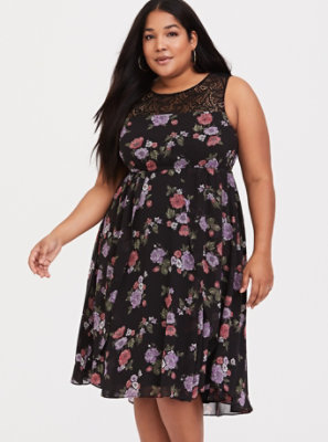 Plus Size - Black Floral Lace & Chiffon Skater Dress - Torrid