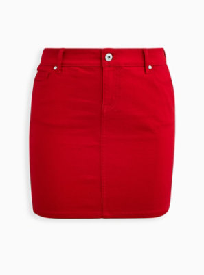 red mini skirt denim