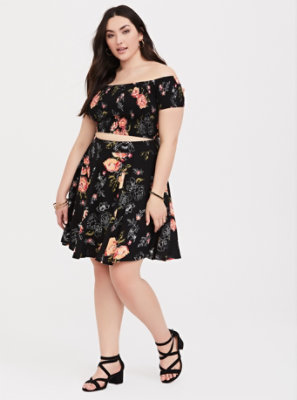 Plus Size - Black Floral Challis Smocked Top & Skirt 2-Piece Set - Torrid