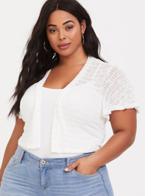 Plus Size - Ivory Hacci Flutter Sleeve Shrug - Torrid