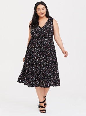 Plus Size - Black Floral Tiered Gauze Midi Dress - Torrid