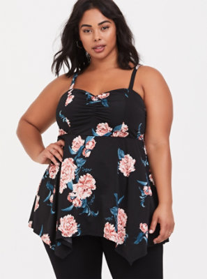 Plus Size - Black Floral Handkerchief Babydoll Tunic Cami - Torrid