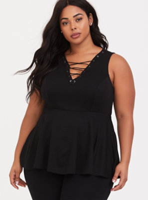 Plus Size - Black Lace Up Ponte Peplum Top - Torrid