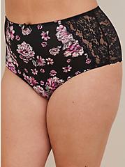 Microfiber And Lace Mid-Rise Brief Panty, WATERCOLOR EXPLOSION FLORAL RICH BLACK, alternate