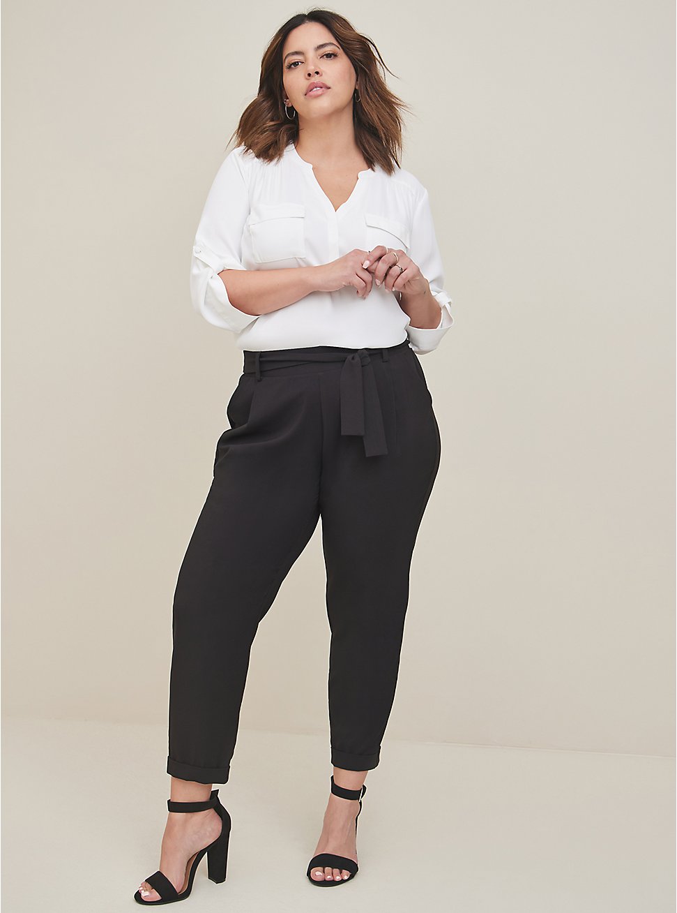 Pull-On Taper Stretch Crepe High-Rise Tie-Front Pant, DEEP BLACK, hi-res