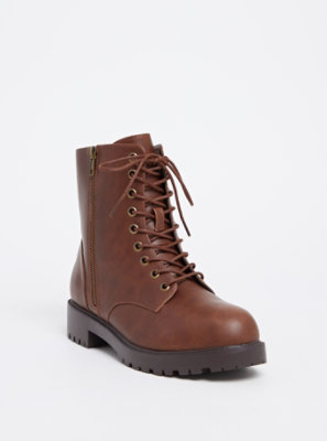 Chestnut Brown Faux Leather Combat Boot 