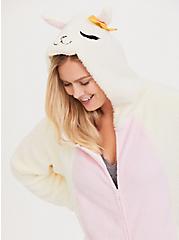 Plus Size Cream & Pink Llama Fleece Sleep Onesie , MULTI, alternate