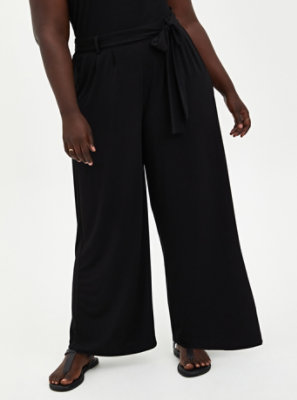 Plus Size - Black Studio Knit Tie Front Wide Leg Pant - Torrid