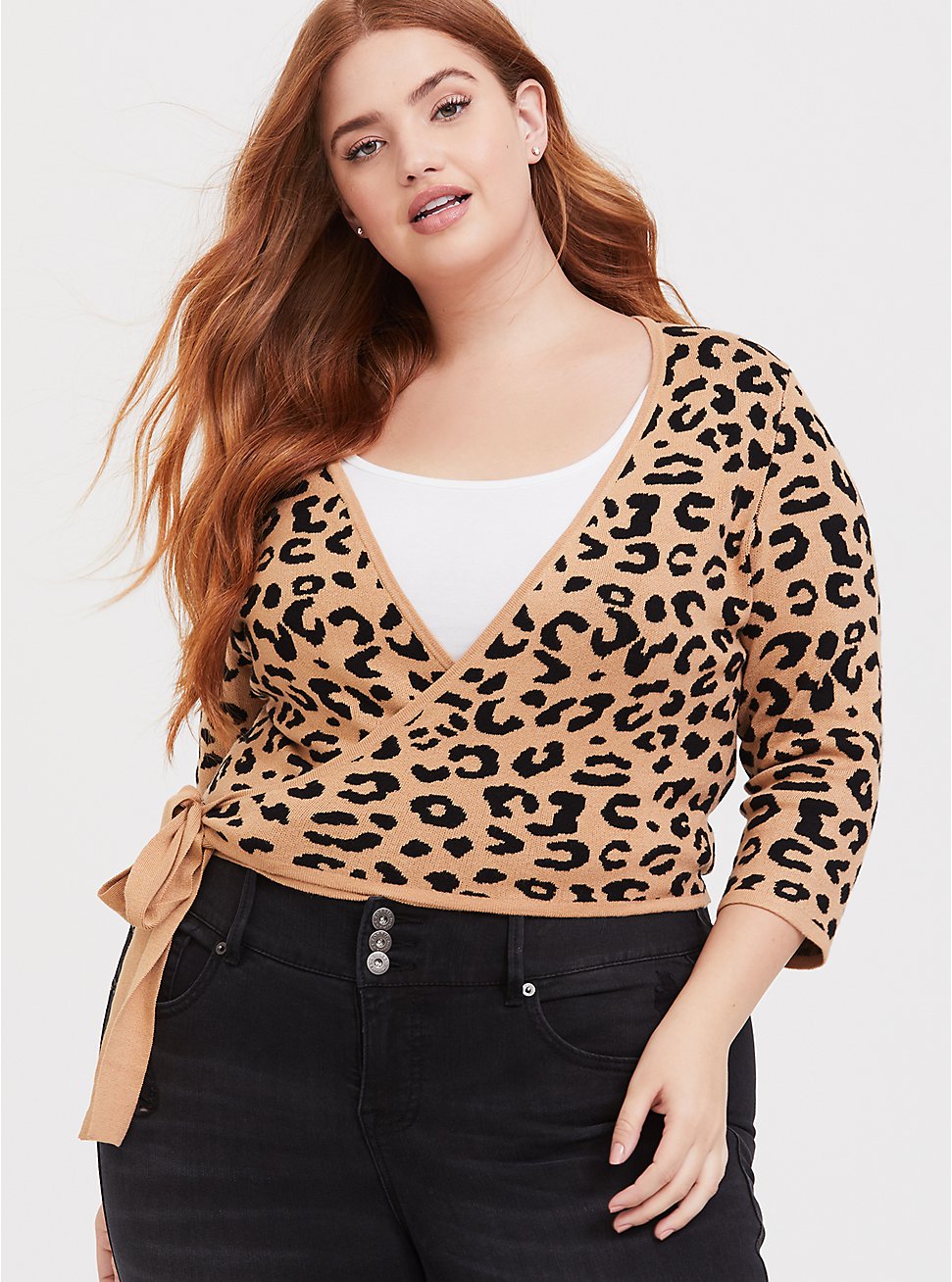 Plus Size - Caramel Leopard Crop Wrap Sweater - Torrid