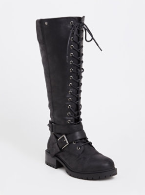 Black Faux Leather Knee-High Lace-Up 