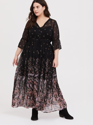 Plus Size - Black Floral Chiffon Button Down Maxi Dress - Torrid
