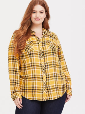 Plus Size - Taylor - Yellow Plaid Twill Button Front Slim Fit Shirt ...