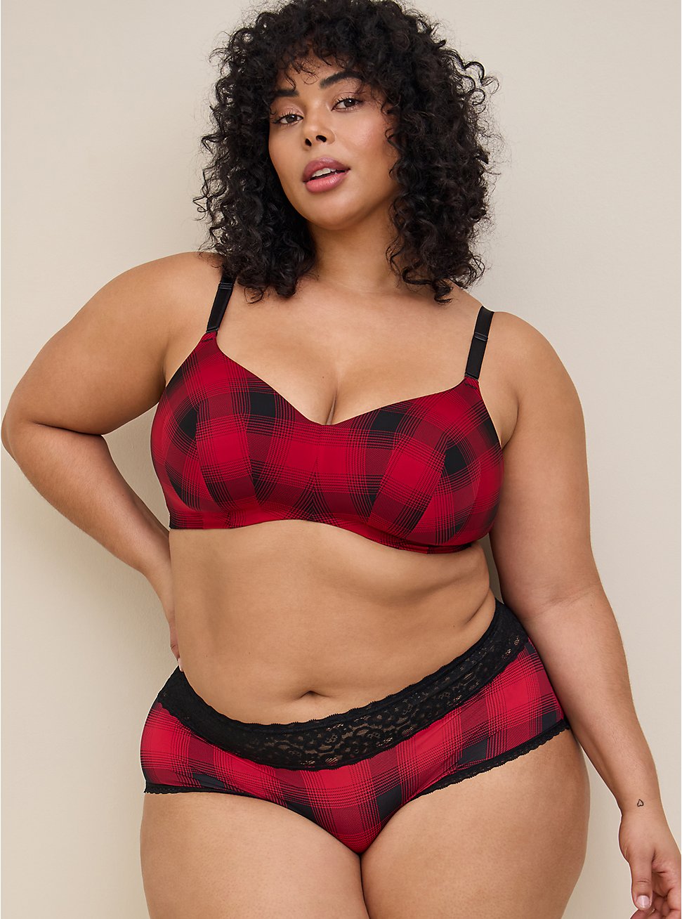 Second Skin Mid-Rise Hipster Lace Trim Panty, NEW EPIC PLAID RED, hi-res