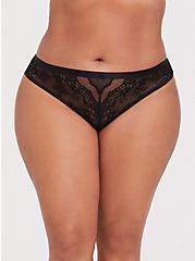 Lace And Mesh Mid-Rise Thong Panty, RICH BLACK, hi-res
