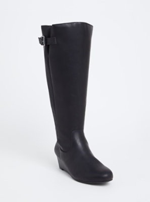 Plus Size - Black Faux Leather Tall Wedge Boot (WW & Wide to Extra Wide ...