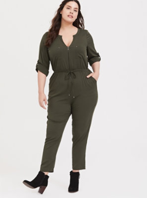 Plus Size - Olive Green Stretch Challis Zip Front Jumpsuit - Torrid