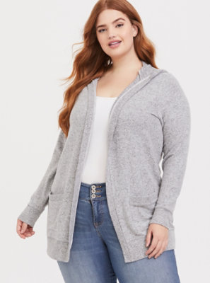 Plus Size - Super Soft Plush Light Grey Hooded Cardigan - Torrid
