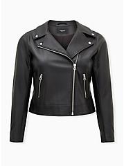 Plus Size Black Faux Leather Moto Jacket, DEEP BLACK, hi-res