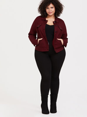 Plus Size - Red & Black Plaid Ponte Crop Trucker Jacket - Torrid