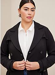 Plus Size Black Brushed Premium Ponte Double-Breasted Swing Trench Coat, DEEP BLACK, alternate