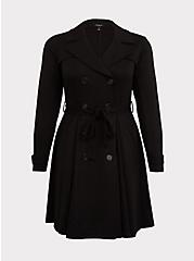 Plus Size Black Brushed Premium Ponte Double-Breasted Swing Trench Coat, DEEP BLACK, hi-res