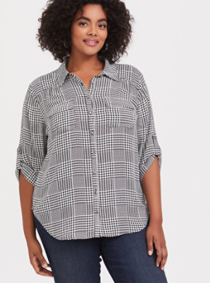Plus Size - Madison - Plaid Houndstooth Georgette Button Front Blouse ...
