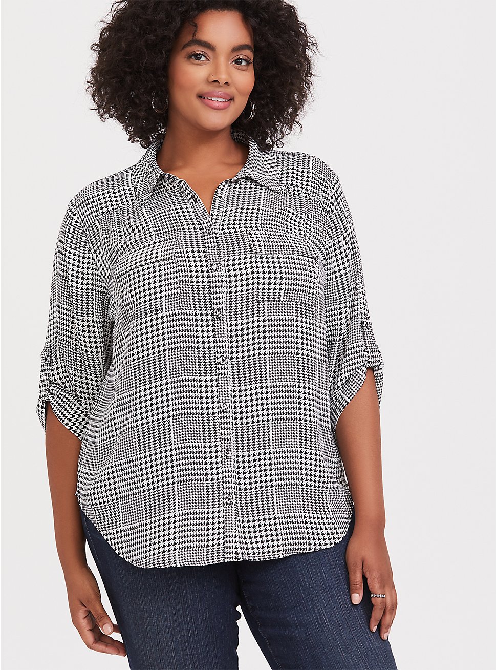 Plus Size - Madison - Plaid Houndstooth Georgette Button Front Blouse ...