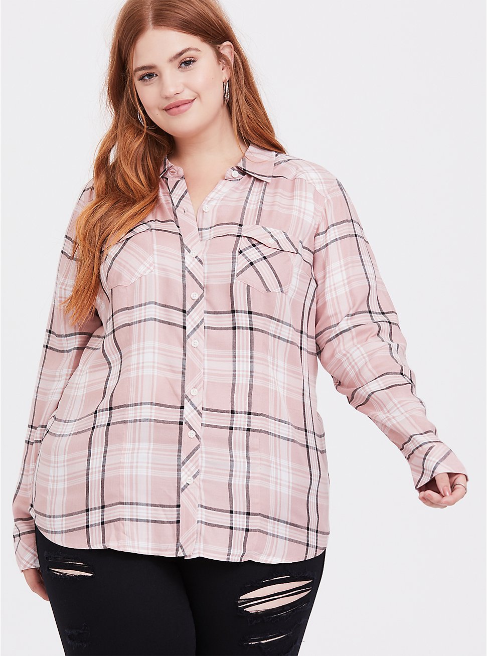 Taylor - Pink Plaid Button Front Slm Fit Shirt - Plus Size | Torrid