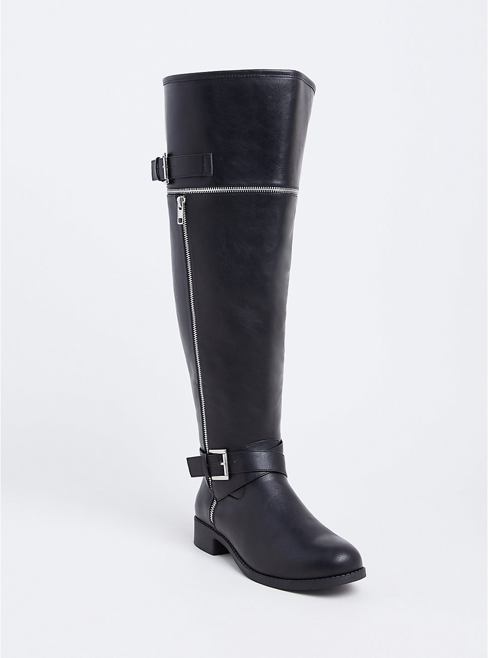 Plus Size - Black Faux Leather Zipper & Buckle Over-the-Knee Boot (WW ...