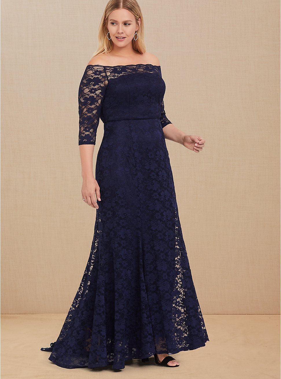 Navy Lace Off Shoulder Gown ...