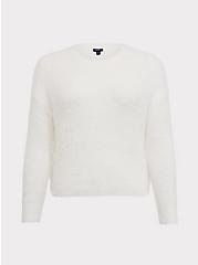 Ivory Fuzzy Knit Crop Pullover Sweater, CLOUD DANCER, hi-res