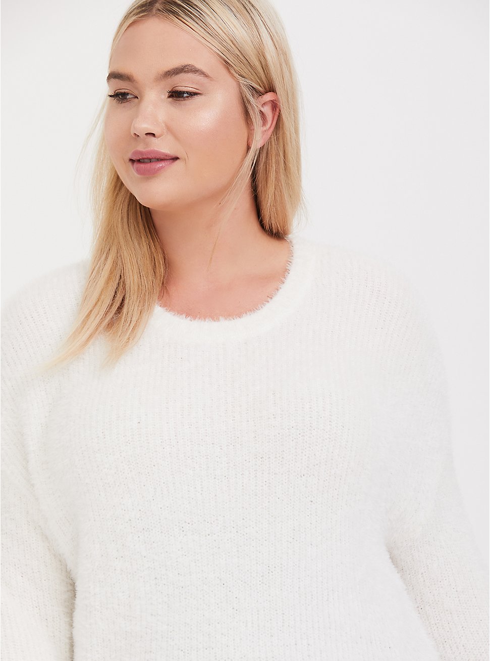 Ivory Fuzzy Knit Crop Pullover Sweater, CLOUD DANCER, hi-res