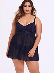 Navy Mesh & Lace Harness Underwire Babydoll, PEACOAT, hi-res