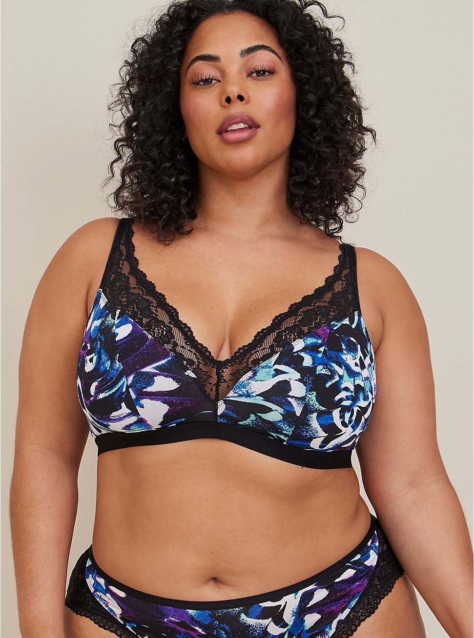 Plus Size Lightly Lined Microfiber Plunge Bralette, LAYERED WINGS BLACK, hi-res