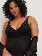 Plus Size Black Mesh & Lace Underwire Thong Bodysuit, RICH BLACK, alternate