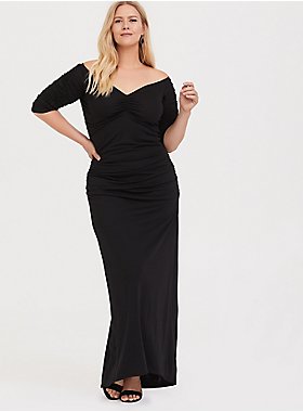 Special Occasion Black Jersey Ruched Off Shoulder Gown - Plus Size | Torrid