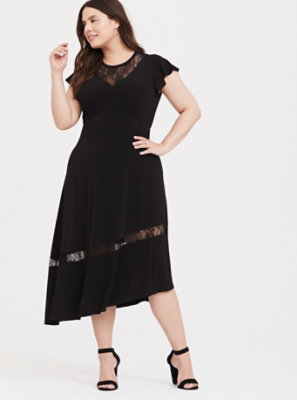 Plus Size - Black Studio Knit Lace Insert Asymmetrical Midi Dress - Torrid