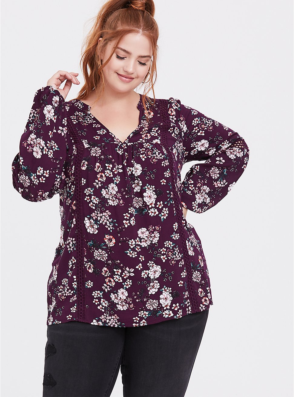 Purple Floral Relaxed Lace Challis Tunic Blouse, MULTI, hi-res