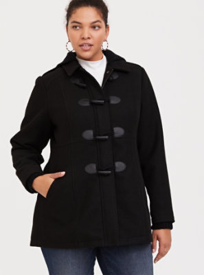 Plus Size - Black Toggle Hooded Woolen Coat - Torrid