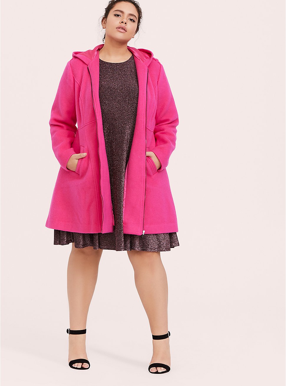 Plus Size - Neon Pink Hacci Hooded Fit & Flare Coat - Torrid